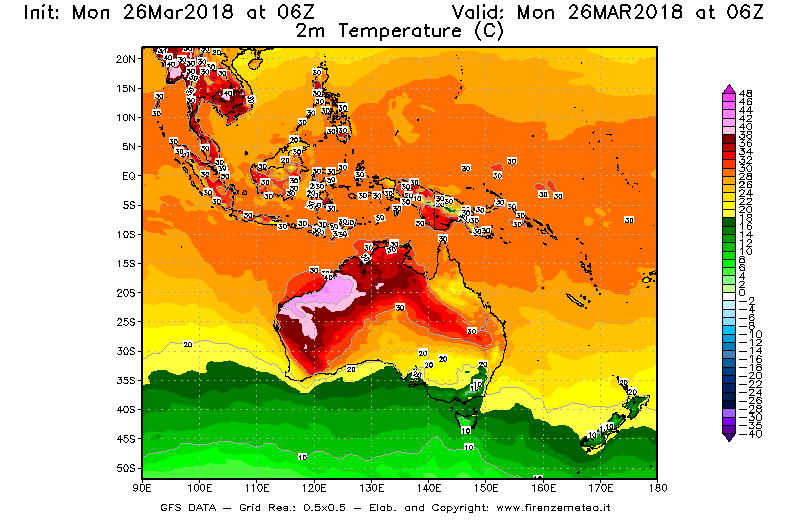 Mappa di analisi GFS - Temperatura a 2 metri dal suolo [°C] in Oceania
									del 26/03/2018 06 <!--googleoff: index-->UTC<!--googleon: index-->