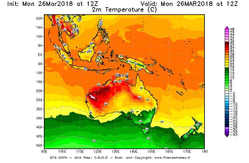 Mappa di analisi GFS - Temperatura a 2 metri dal suolo [°C] in Oceania
									del 26/03/2018 12 <!--googleoff: index-->UTC<!--googleon: index-->