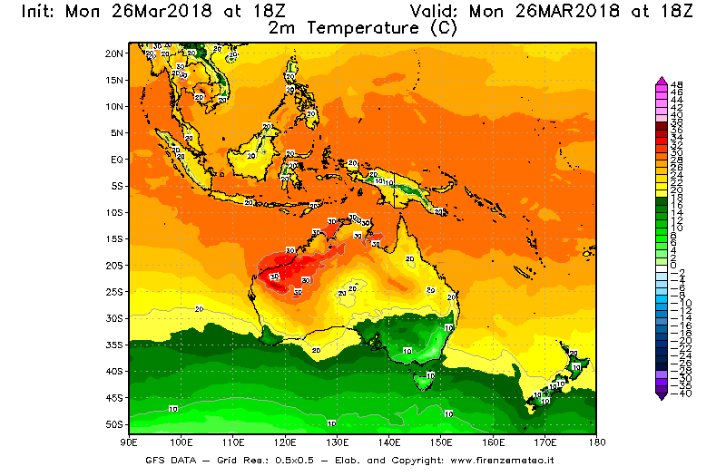 Mappa di analisi GFS - Temperatura a 2 metri dal suolo [°C] in Oceania
									del 26/03/2018 18 <!--googleoff: index-->UTC<!--googleon: index-->
