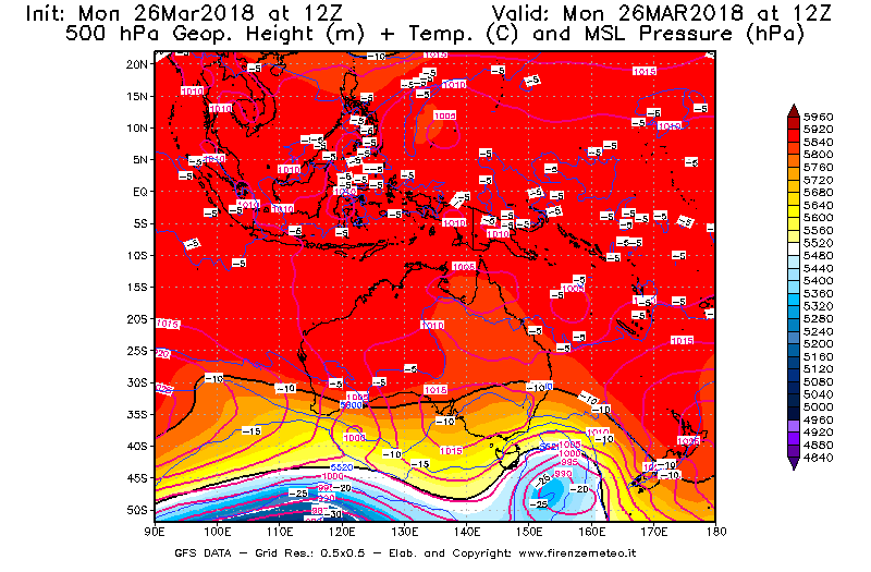 Mappa di analisi GFS - Geopotenziale [m] + Temp. [°C] a 500 hPa + Press. a livello del mare [hPa] in Oceania
									del 26/03/2018 12 <!--googleoff: index-->UTC<!--googleon: index-->
