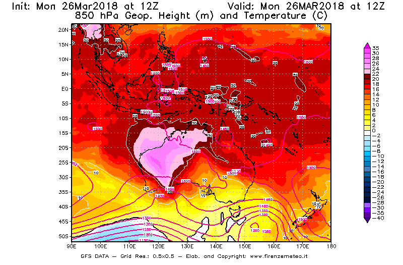 Mappa di analisi GFS - Geopotenziale [m] e Temperatura [°C] a 850 hPa in Oceania
									del 26/03/2018 12 <!--googleoff: index-->UTC<!--googleon: index-->