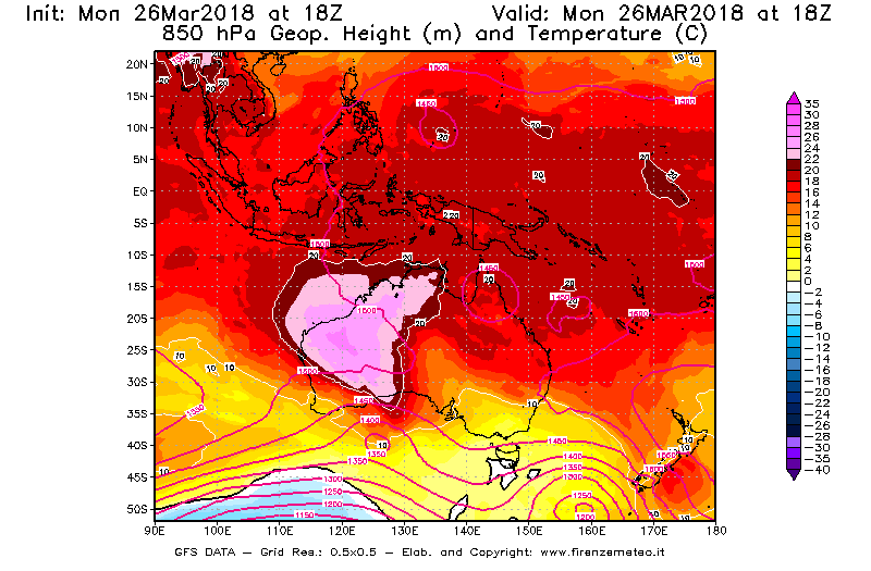 Mappa di analisi GFS - Geopotenziale [m] e Temperatura [°C] a 850 hPa in Oceania
									del 26/03/2018 18 <!--googleoff: index-->UTC<!--googleon: index-->