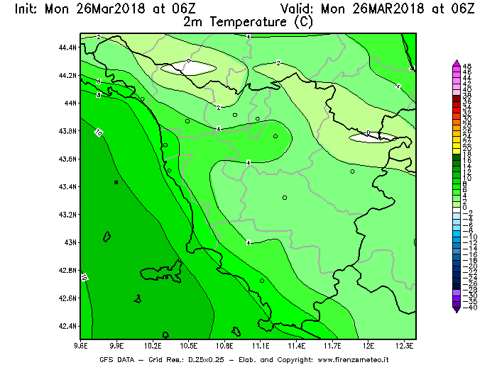 Mappa di analisi GFS - Temperatura a 2 metri dal suolo [°C] in Toscana
									del 26/03/2018 06 <!--googleoff: index-->UTC<!--googleon: index-->