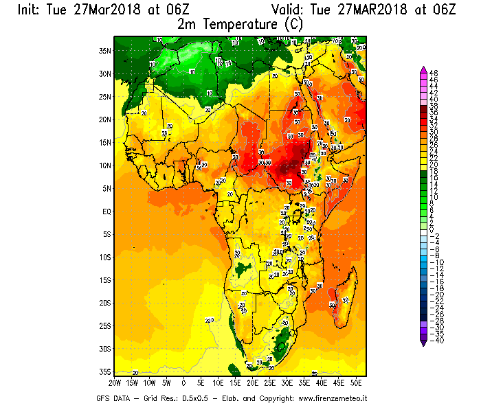Mappa di analisi GFS - Temperatura a 2 metri dal suolo [°C] in Africa
							del 27/03/2018 06 <!--googleoff: index-->UTC<!--googleon: index-->