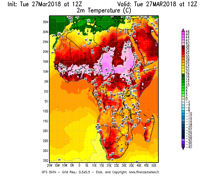 Mappa di analisi GFS - Temperatura a 2 metri dal suolo [°C] in Africa
							del 27/03/2018 12 <!--googleoff: index-->UTC<!--googleon: index-->
