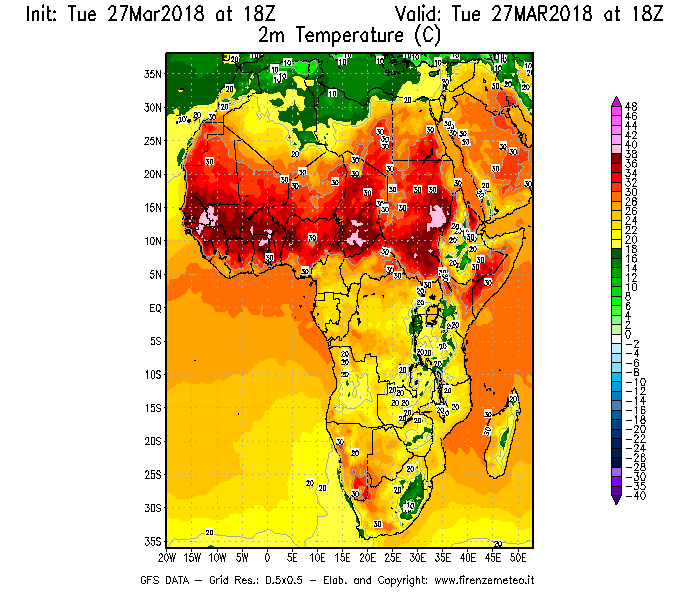 Mappa di analisi GFS - Temperatura a 2 metri dal suolo [°C] in Africa
							del 27/03/2018 18 <!--googleoff: index-->UTC<!--googleon: index-->