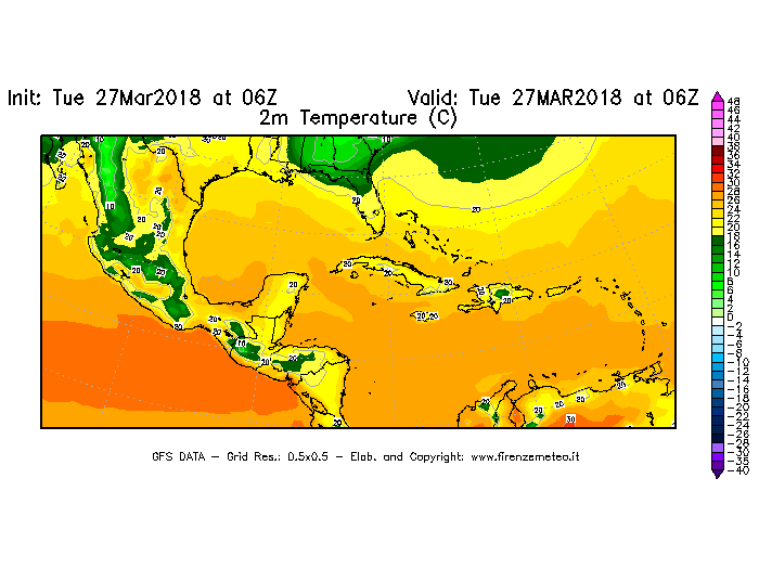 Mappa di analisi GFS - Temperatura a 2 metri dal suolo [°C] in Centro-America
							del 27/03/2018 06 <!--googleoff: index-->UTC<!--googleon: index-->