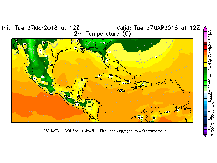Mappa di analisi GFS - Temperatura a 2 metri dal suolo [°C] in Centro-America
							del 27/03/2018 12 <!--googleoff: index-->UTC<!--googleon: index-->