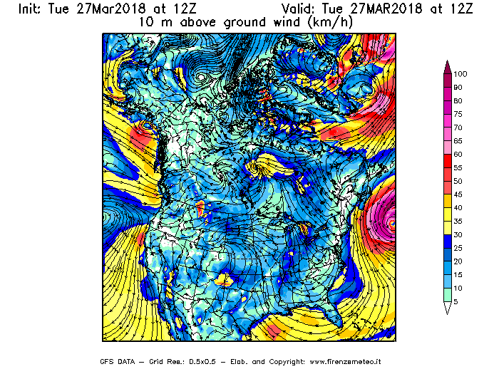 Mappa di analisi GFS - Velocità del vento a 10 metri dal suolo [km/h] in Nord-America
							del 27/03/2018 12 <!--googleoff: index-->UTC<!--googleon: index-->