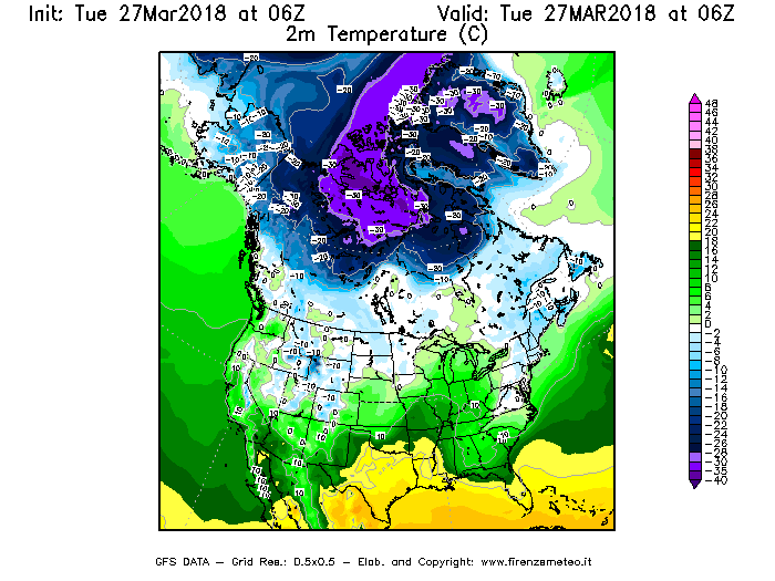 Mappa di analisi GFS - Temperatura a 2 metri dal suolo [°C] in Nord-America
							del 27/03/2018 06 <!--googleoff: index-->UTC<!--googleon: index-->