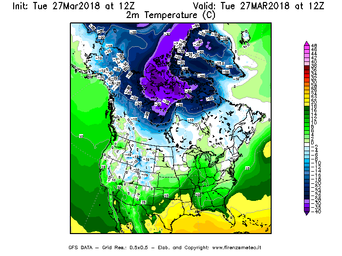 Mappa di analisi GFS - Temperatura a 2 metri dal suolo [°C] in Nord-America
							del 27/03/2018 12 <!--googleoff: index-->UTC<!--googleon: index-->