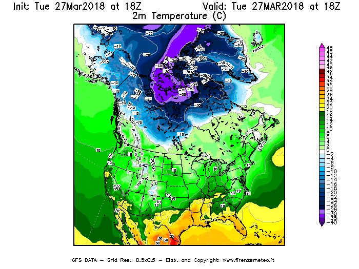 Mappa di analisi GFS - Temperatura a 2 metri dal suolo [°C] in Nord-America
							del 27/03/2018 18 <!--googleoff: index-->UTC<!--googleon: index-->