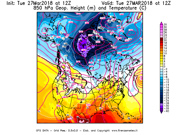 Mappa di analisi GFS - Geopotenziale [m] e Temperatura [°C] a 850 hPa in Nord-America
							del 27/03/2018 12 <!--googleoff: index-->UTC<!--googleon: index-->