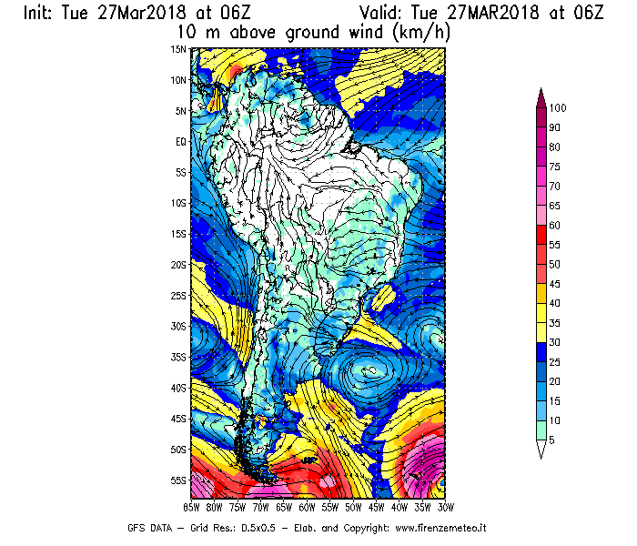 Mappa di analisi GFS - Velocità del vento a 10 metri dal suolo [km/h] in Sud-America
							del 27/03/2018 06 <!--googleoff: index-->UTC<!--googleon: index-->