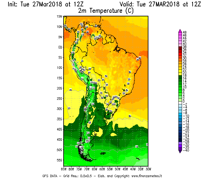 Mappa di analisi GFS - Temperatura a 2 metri dal suolo [°C] in Sud-America
							del 27/03/2018 12 <!--googleoff: index-->UTC<!--googleon: index-->