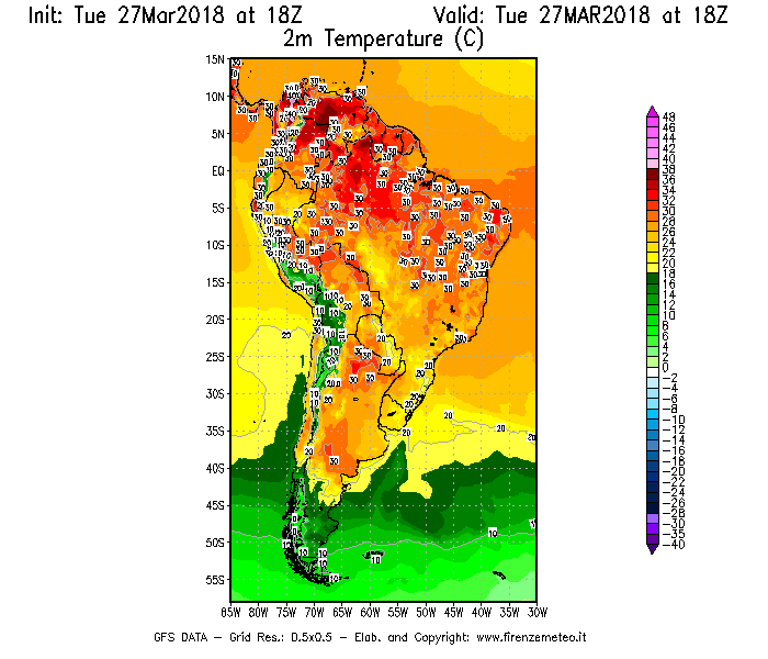 Mappa di analisi GFS - Temperatura a 2 metri dal suolo [°C] in Sud-America
							del 27/03/2018 18 <!--googleoff: index-->UTC<!--googleon: index-->