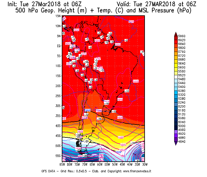 Mappa di analisi GFS - Geopotenziale [m] + Temp. [°C] a 500 hPa + Press. a livello del mare [hPa] in Sud-America
							del 27/03/2018 06 <!--googleoff: index-->UTC<!--googleon: index-->