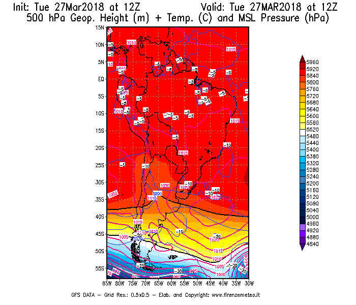 Mappa di analisi GFS - Geopotenziale [m] + Temp. [°C] a 500 hPa + Press. a livello del mare [hPa] in Sud-America
							del 27/03/2018 12 <!--googleoff: index-->UTC<!--googleon: index-->