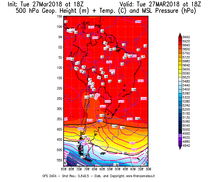 Mappa di analisi GFS - Geopotenziale [m] + Temp. [°C] a 500 hPa + Press. a livello del mare [hPa] in Sud-America
							del 27/03/2018 18 <!--googleoff: index-->UTC<!--googleon: index-->
