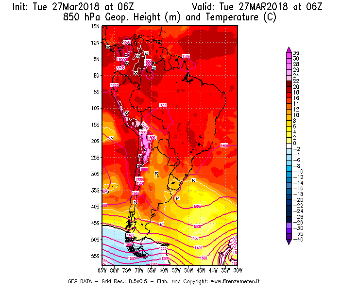 Mappa di analisi GFS - Geopotenziale [m] e Temperatura [°C] a 850 hPa in Sud-America
							del 27/03/2018 06 <!--googleoff: index-->UTC<!--googleon: index-->