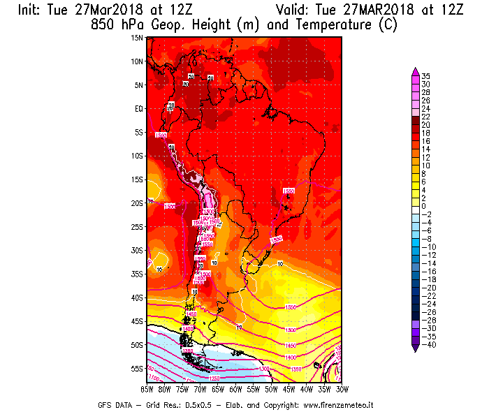 Mappa di analisi GFS - Geopotenziale [m] e Temperatura [°C] a 850 hPa in Sud-America
							del 27/03/2018 12 <!--googleoff: index-->UTC<!--googleon: index-->