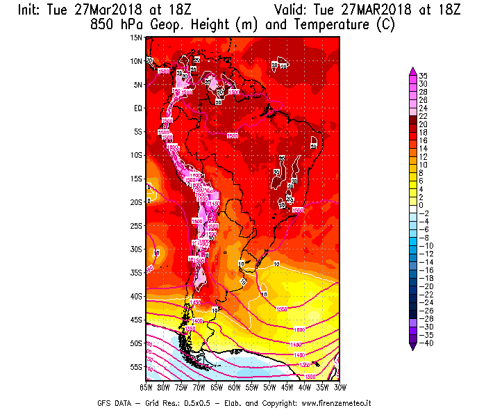 Mappa di analisi GFS - Geopotenziale [m] e Temperatura [°C] a 850 hPa in Sud-America
							del 27/03/2018 18 <!--googleoff: index-->UTC<!--googleon: index-->