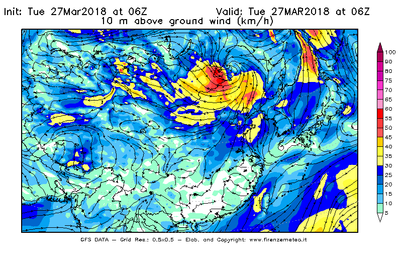 Mappa di analisi GFS - Velocità del vento a 10 metri dal suolo [km/h] in Asia Orientale
							del 27/03/2018 06 <!--googleoff: index-->UTC<!--googleon: index-->
