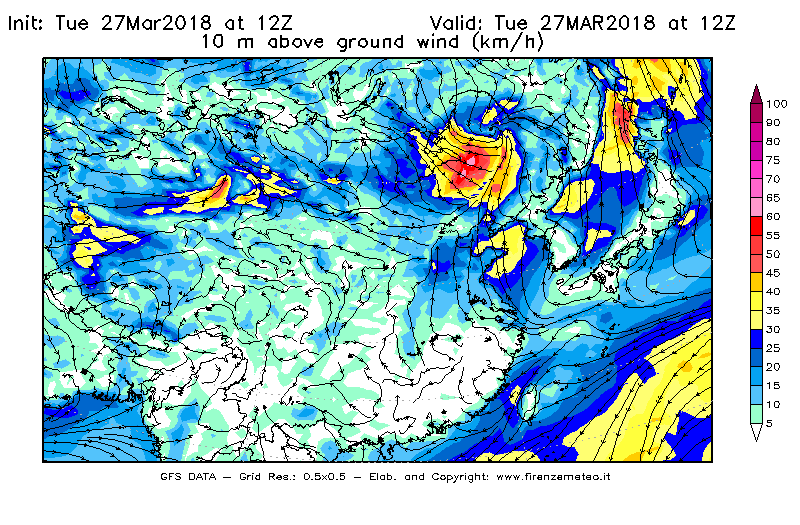 Mappa di analisi GFS - Velocità del vento a 10 metri dal suolo [km/h] in Asia Orientale
							del 27/03/2018 12 <!--googleoff: index-->UTC<!--googleon: index-->