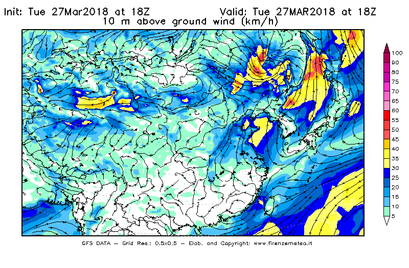 Mappa di analisi GFS - Velocità del vento a 10 metri dal suolo [km/h] in Asia Orientale
							del 27/03/2018 18 <!--googleoff: index-->UTC<!--googleon: index-->