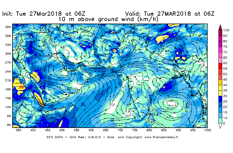 Mappa di analisi GFS - Velocità del vento a 10 metri dal suolo [km/h] in Asia Sud-Occidentale
							del 27/03/2018 06 <!--googleoff: index-->UTC<!--googleon: index-->