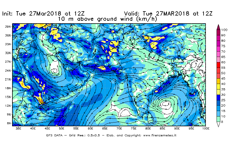 Mappa di analisi GFS - Velocità del vento a 10 metri dal suolo [km/h] in Asia Sud-Occidentale
							del 27/03/2018 12 <!--googleoff: index-->UTC<!--googleon: index-->
