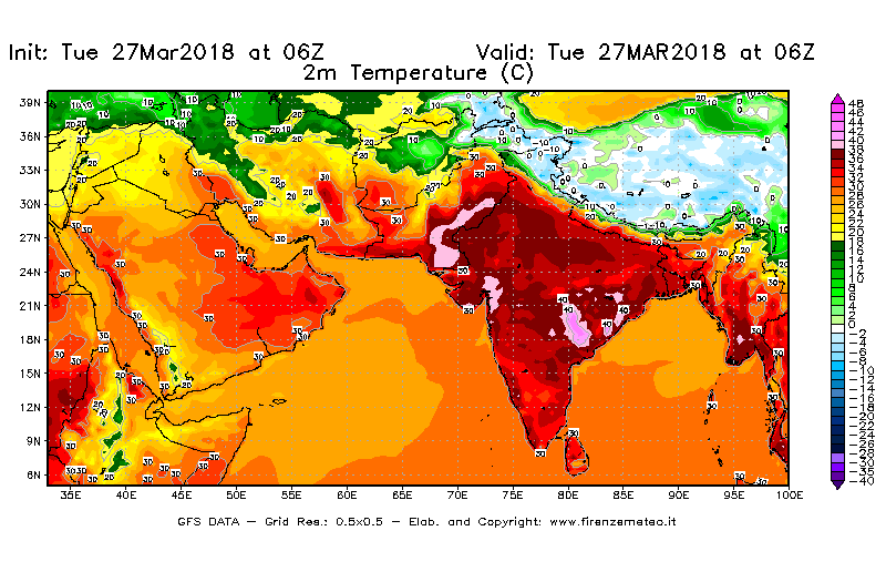 Mappa di analisi GFS - Temperatura a 2 metri dal suolo [°C] in Asia Sud-Occidentale
							del 27/03/2018 06 <!--googleoff: index-->UTC<!--googleon: index-->