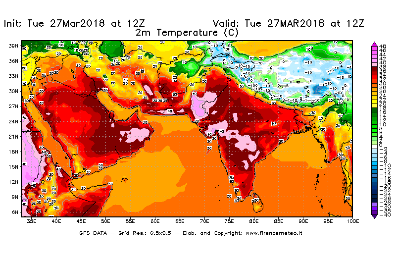 Mappa di analisi GFS - Temperatura a 2 metri dal suolo [°C] in Asia Sud-Occidentale
							del 27/03/2018 12 <!--googleoff: index-->UTC<!--googleon: index-->