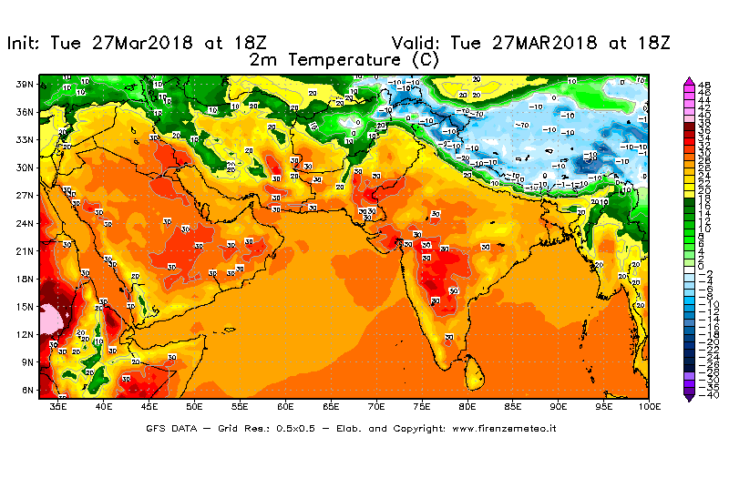 Mappa di analisi GFS - Temperatura a 2 metri dal suolo [°C] in Asia Sud-Occidentale
							del 27/03/2018 18 <!--googleoff: index-->UTC<!--googleon: index-->