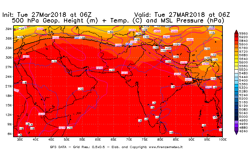 Mappa di analisi GFS - Geopotenziale [m] + Temp. [°C] a 500 hPa + Press. a livello del mare [hPa] in Asia Sud-Occidentale
							del 27/03/2018 06 <!--googleoff: index-->UTC<!--googleon: index-->