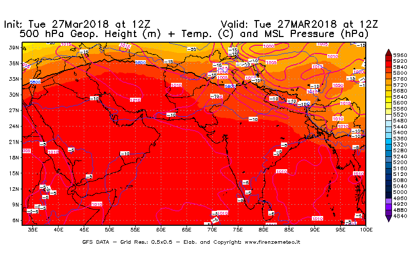 Mappa di analisi GFS - Geopotenziale [m] + Temp. [°C] a 500 hPa + Press. a livello del mare [hPa] in Asia Sud-Occidentale
							del 27/03/2018 12 <!--googleoff: index-->UTC<!--googleon: index-->