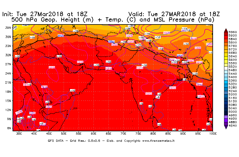 Mappa di analisi GFS - Geopotenziale [m] + Temp. [°C] a 500 hPa + Press. a livello del mare [hPa] in Asia Sud-Occidentale
							del 27/03/2018 18 <!--googleoff: index-->UTC<!--googleon: index-->