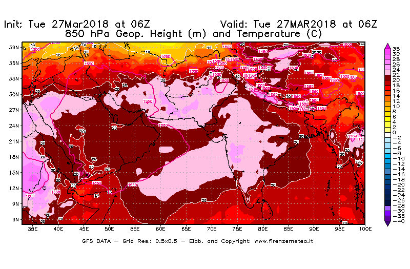 Mappa di analisi GFS - Geopotenziale [m] e Temperatura [°C] a 850 hPa in Asia Sud-Occidentale
							del 27/03/2018 06 <!--googleoff: index-->UTC<!--googleon: index-->