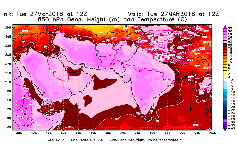 Mappa di analisi GFS - Geopotenziale [m] e Temperatura [°C] a 850 hPa in Asia Sud-Occidentale
							del 27/03/2018 12 <!--googleoff: index-->UTC<!--googleon: index-->