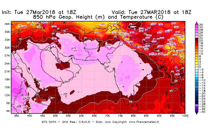 Mappa di analisi GFS - Geopotenziale [m] e Temperatura [°C] a 850 hPa in Asia Sud-Occidentale
							del 27/03/2018 18 <!--googleoff: index-->UTC<!--googleon: index-->
