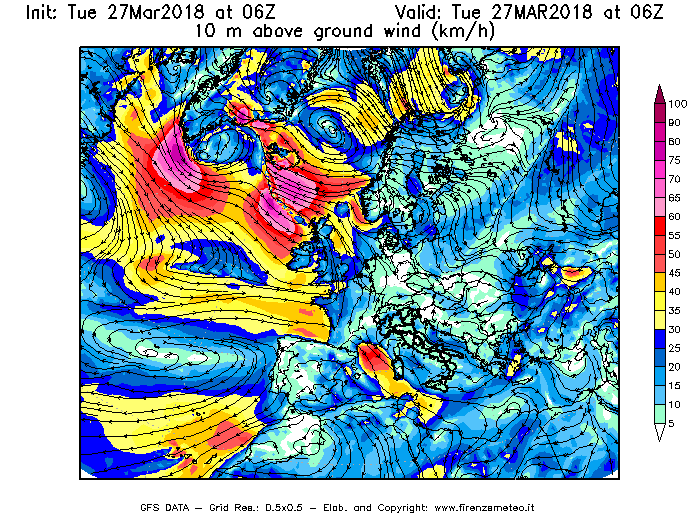 Mappa di analisi GFS - Velocità del vento a 10 metri dal suolo [km/h] in Europa
							del 27/03/2018 06 <!--googleoff: index-->UTC<!--googleon: index-->