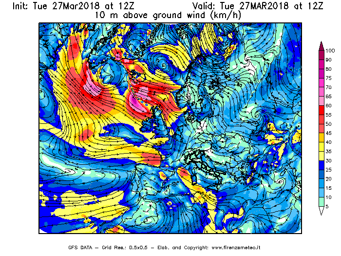 Mappa di analisi GFS - Velocità del vento a 10 metri dal suolo [km/h] in Europa
							del 27/03/2018 12 <!--googleoff: index-->UTC<!--googleon: index-->