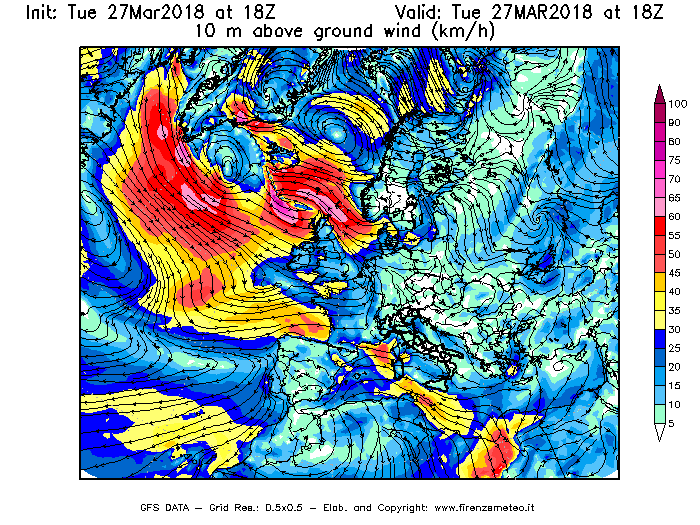 Mappa di analisi GFS - Velocità del vento a 10 metri dal suolo [km/h] in Europa
							del 27/03/2018 18 <!--googleoff: index-->UTC<!--googleon: index-->