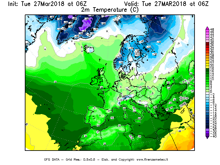 Mappa di analisi GFS - Temperatura a 2 metri dal suolo [°C] in Europa
							del 27/03/2018 06 <!--googleoff: index-->UTC<!--googleon: index-->