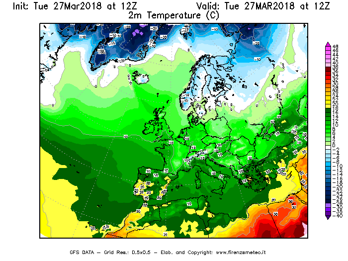 Mappa di analisi GFS - Temperatura a 2 metri dal suolo [°C] in Europa
							del 27/03/2018 12 <!--googleoff: index-->UTC<!--googleon: index-->