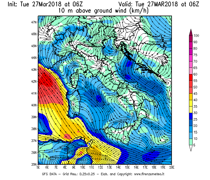 Mappa di analisi GFS - Velocità del vento a 10 metri dal suolo [km/h] in Italia
							del 27/03/2018 06 <!--googleoff: index-->UTC<!--googleon: index-->