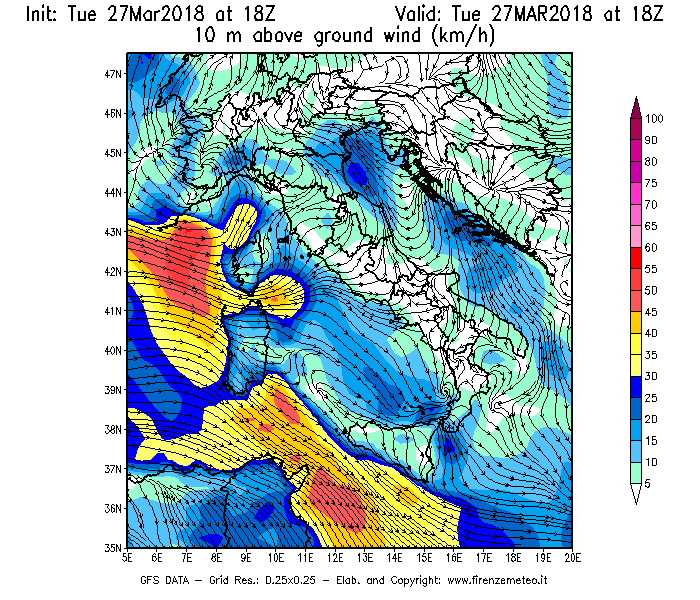 Mappa di analisi GFS - Velocità del vento a 10 metri dal suolo [km/h] in Italia
							del 27/03/2018 18 <!--googleoff: index-->UTC<!--googleon: index-->