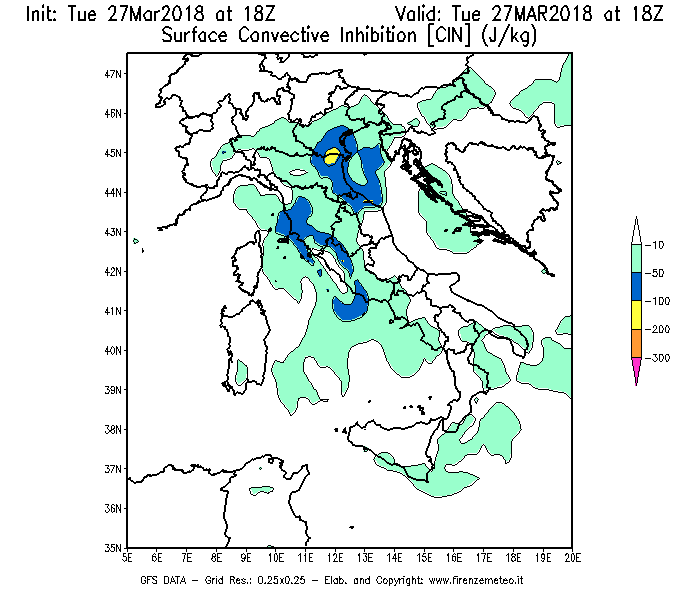 Mappa di analisi GFS - CIN [J/kg] in Italia
							del 27/03/2018 18 <!--googleoff: index-->UTC<!--googleon: index-->