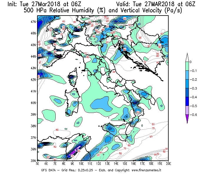 Mappa di analisi GFS - Umidità relativa [%] e Omega [Pa/s] a 500 hPa in Italia
							del 27/03/2018 06 <!--googleoff: index-->UTC<!--googleon: index-->