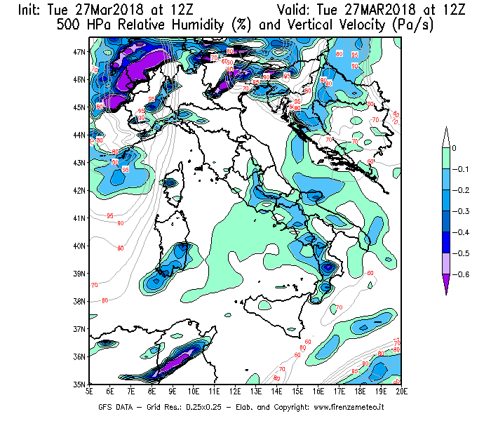 Mappa di analisi GFS - Umidità relativa [%] e Omega [Pa/s] a 500 hPa in Italia
							del 27/03/2018 12 <!--googleoff: index-->UTC<!--googleon: index-->